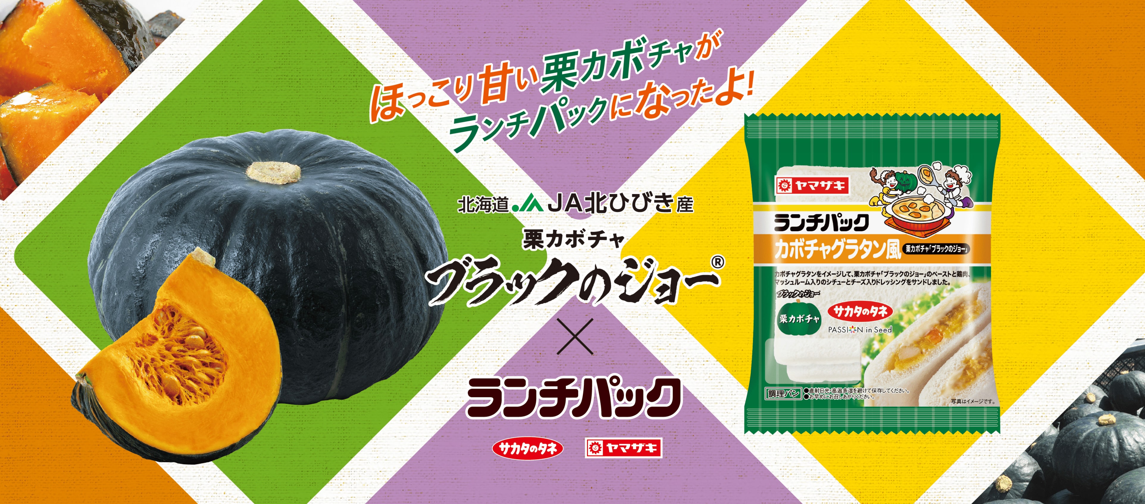 ほっこり甘い栗カボチャがランチパックになったよ！　北海道JA北ひびき産　栗カボチャブラックのジョー　ランチパック　サカタのタネ　ヤマザキ