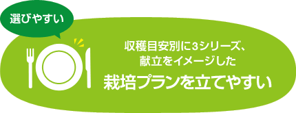 収穫目安別に3シリーズ、献立をイメージした栽培プランを立てやすい